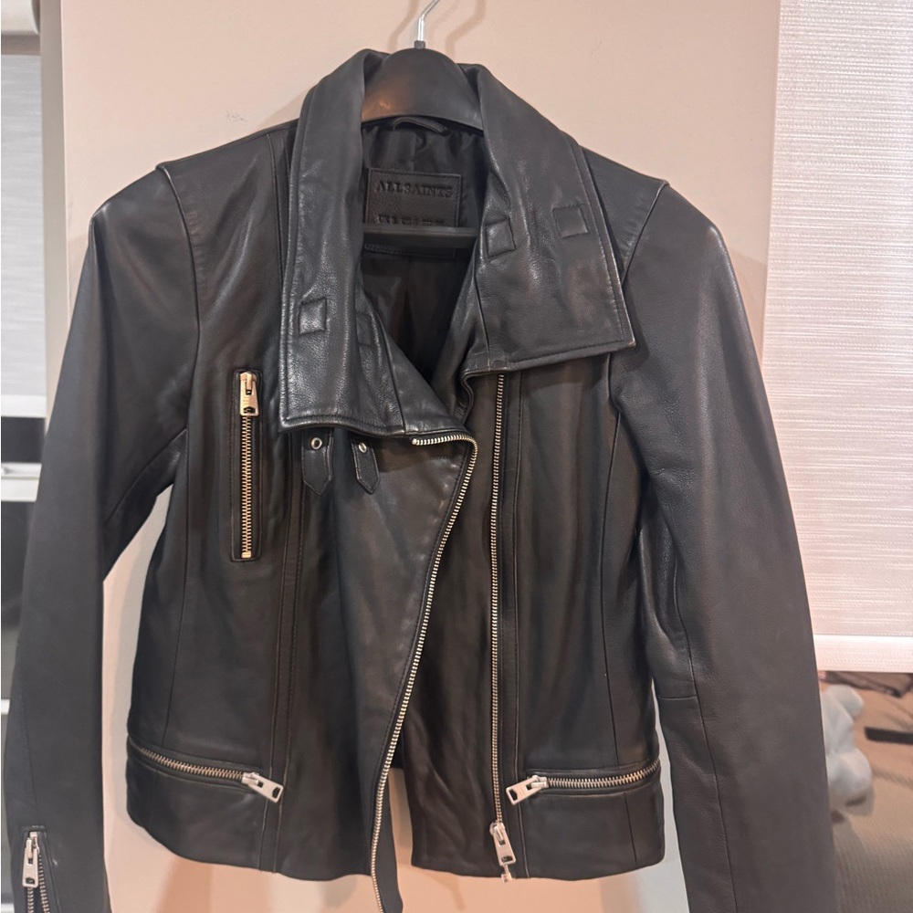 All Saints Charcoal Leather Biker Jacket